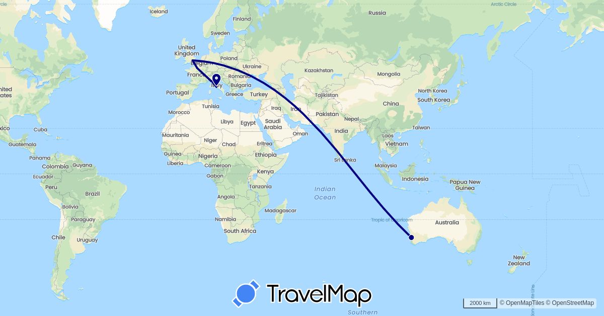 TravelMap itinerary: driving in Australia, France, United Kingdom, Italy (Europe, Oceania)